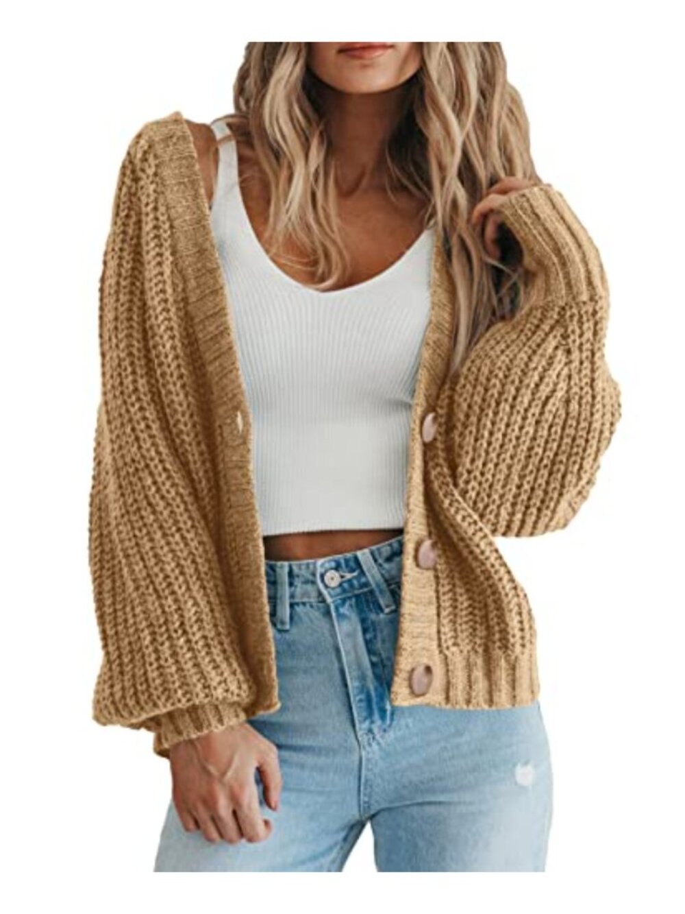 Cropped Cable Knit Cardigan Long Sleeve Oversized Button Up Sweater
